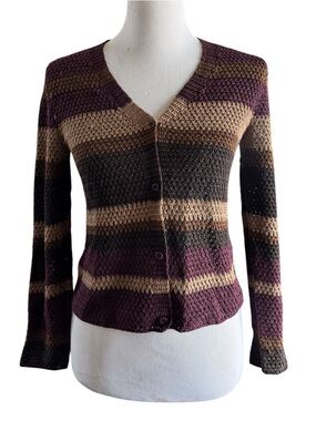 Jones New York Striped V-Neck Cardigan in Plum, Brown & Black Size SP